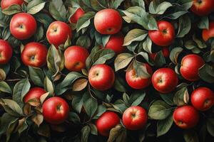 Fresh red apples hanging on a tree branch under a bright blue sky during sunny weather photo