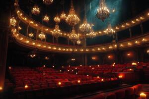 Elegant theater interior showcasing chandeliers and plush seating in a grand setting photo