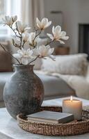 Elegant flower arrangement in a modern living room setting with cozy decor details photo