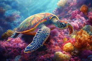 Vibrant sea turtle swimming through colorful coral reef in crystal clear waters of tropical ocean photo