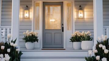 Front porch adorned with blooming tulips and soft lighting during twilight photo