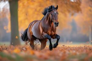 Majestic black horse galloping through vibrant autumn leaves in a colorful landscape photo