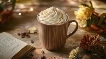 Warm coffee with whipped cream on a rustic book in a cozy autumn setting photo