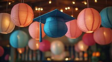 Graduation cap surrounded by colorful paper lanterns in a festive celebration setting photo