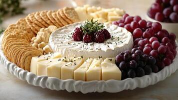 Elegant cheese platter with assorted fruits and crackers for a festive gathering photo