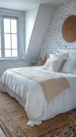 Cozy bedroom with white brick walls and warm textiles in a modern designed space photo