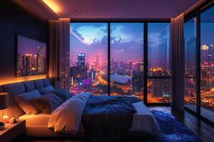Luxurious bedroom with city skyline view at night in a modern high-rise building photo
