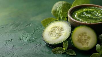Fresh green herbal powder alongside sliced cucumbers and lemons on a soft green background photo