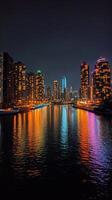 Stunning city skyline illuminated at night reflecting on water surface in urban area photo