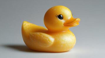 Bright yellow rubber duck with classic design and playful charm, perfect for bath time enjoyment photo