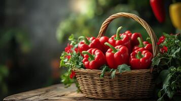 Fresh red bell peppers arranged in a woven basket on a wooden table surrounded by herbs photo