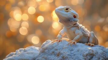 Bearded dragon basking on rock with golden bokeh background during sunny afternoon photo