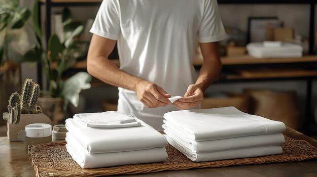 Woman arranging linens in a bright kitchen setting while smiling and enjoying her task photo