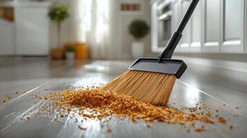 Sweeping crumbs from the kitchen floor on a bright afternoon photo