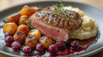 Exquisite plate of seared duck breast with roasted vegetables and creamy mashed potatoes photo