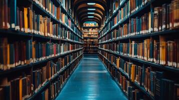 Long corridor lined with shelves filled with colorful books in an old library setting photo