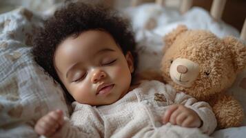 Baby sleeps peacefully next to a soft teddy bear in a cozy nursery setting photo