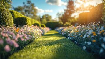 Vibrant flowers arranged in a green garden during the day showcasing a variety of colors and shapes photo