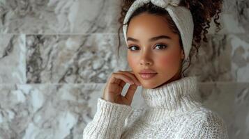 Young woman enjoying skincare routine at home in cozy pink setting with facial mask applied photo