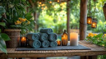 Relaxing spa setting with candles and herbal oils in a tranquil atmosphere photo