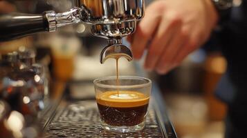 Brewing a rich espresso shot in a cozy coffee shop during the morning rush photo