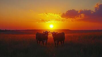 Cows standing in a field against a stunning sunset in the countryside photo