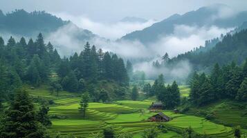 Lush green rice terraces with misty mountains in the background during early morning hours photo