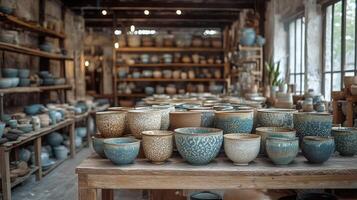 Collection of handcrafted ceramic bowls displayed in a pottery studio during daylight hours photo