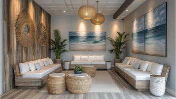 Modern interior design in a hotel lobby with soothing decor and natural lighting during the day photo