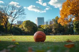 Basketball resting on grass under a blue sky with autumn trees in a park setting photo