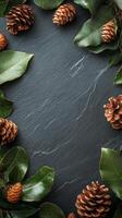 Natural pinecones arranged among green leaves on dark slate background for decorative display photo