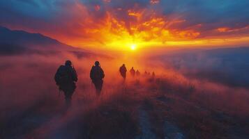 Soldiers march toward a vibrant sunset in a mountainous landscape photo
