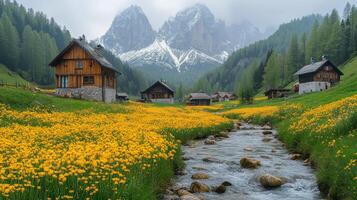 Serene countryside in Dolomites with vibrant flowers and traditional houses by a flowing stream photo