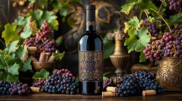 Wine bottle surrounded by grapes and vintage decor in an elegant setting photo