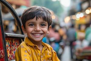 Joyful boy smiles while riding in rickshaw through bustling market street in vibrant city photo