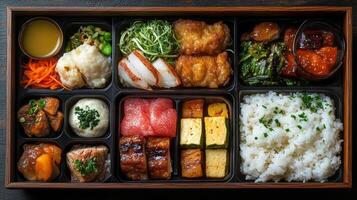 Delicious seafood bento box with rice and colorful vegetables served in a traditional setting photo