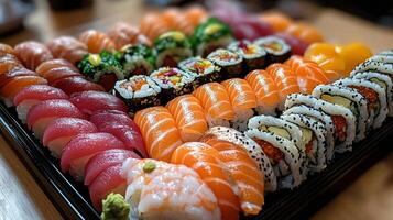 Sushi platter featuring an assortment of fresh ingredients from a Japanese restaurant photo
