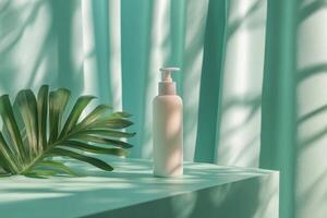 Minimalist skincare product displayed on a vibrant green shelf with shadows photo