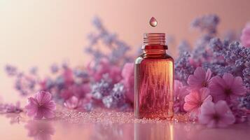 Delicate pink glass bottle surrounded by vibrant flowers and a drop of liquid captured in soft light photo