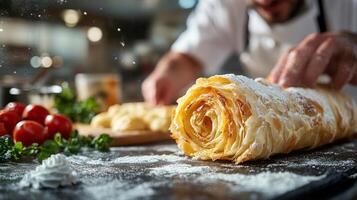 Perfectly rolled pastry filled with pumpkin and cream, ready for serving during autumn festivities photo