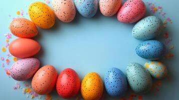 Decorative Easter eggs arranged in a circular pattern on a blue background during spring celebration photo