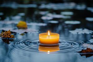 Floating candle illuminates rippling water during a serene evening setting photo
