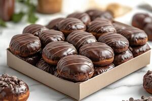 Assorted chocolate glazed donuts arranged in a neat box on a marble countertop photo