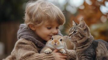 Child interacts with rabbits and a cat in a colorful autumn park filled with fallen leaves photo