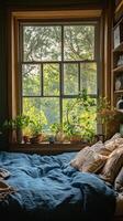 Cozy bedroom with plants and golden sunlight filtering through large windows in a peaceful setting photo