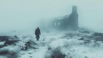 Mysterious figure wandering through a foggy landscape with dark spires in the background photo