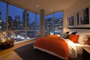 Luxurious bedroom with city skyline view at night in a modern high-rise building photo