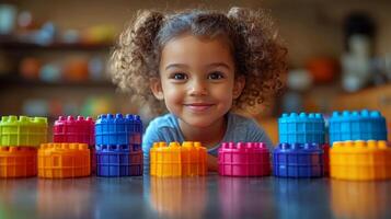 Young child with curly hair playing with colorful blocks in a creative space photo