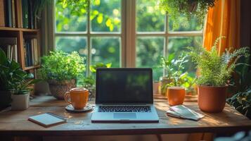 Bright indoor workspace with plants, coffee, and laptop in a sunny setting photo