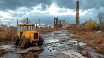 Devastation of an abandoned industrial site with smoke billowing from chimneys photo